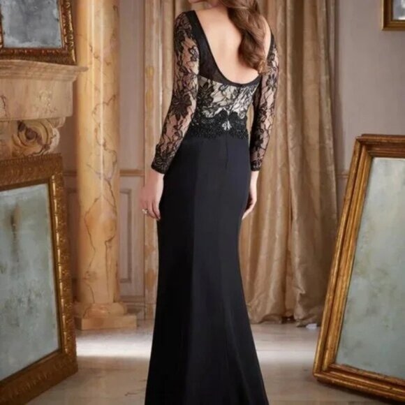MGNY Women Black Long Sleeve Lace & Beaded Gown Formal Evening Dress Sz 10 2580 - Picture 8 of 16